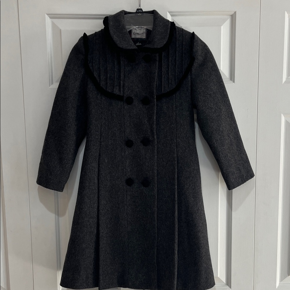 Rothschild Charcoal Grey Wool Long Dress Coat  W/Velvet Trim Girls Size 7 EUC